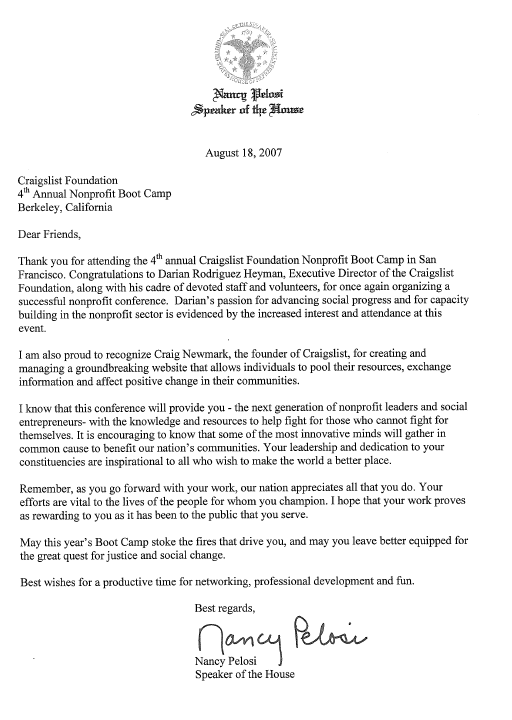 A letter from Nancy Pelosi to Craig Newmark, 2007