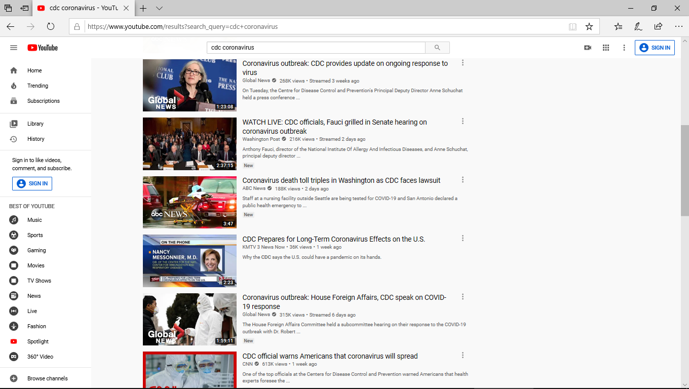 YouTube 'cdc coronavirus' search screenshot 2